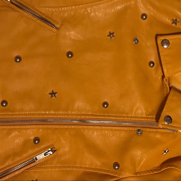 Star Studded Biker Moto Jacket Jaune Vegan Leather - Picture 7 of 8